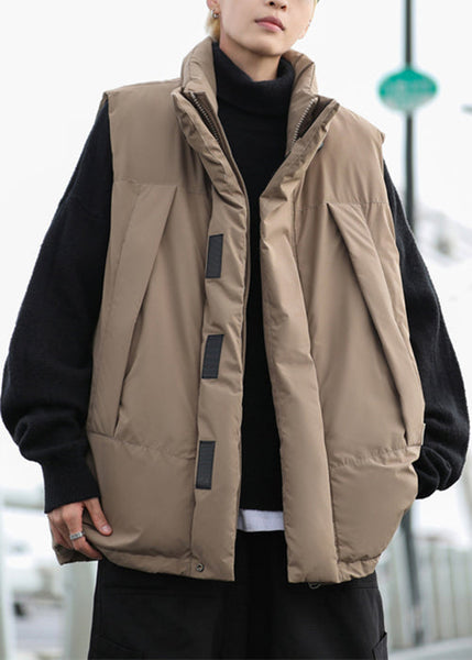 Simple Khaki Stand Collar Zip Up Cotton Filled Men Waistcoat Winter EQ035 ABC