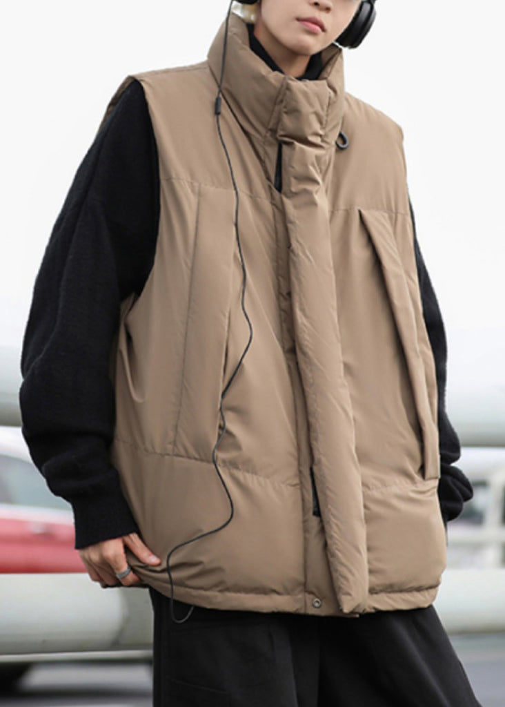 Simple Khaki Stand Collar Zip Up Cotton Filled Men Waistcoat Winter EQ035 ABC