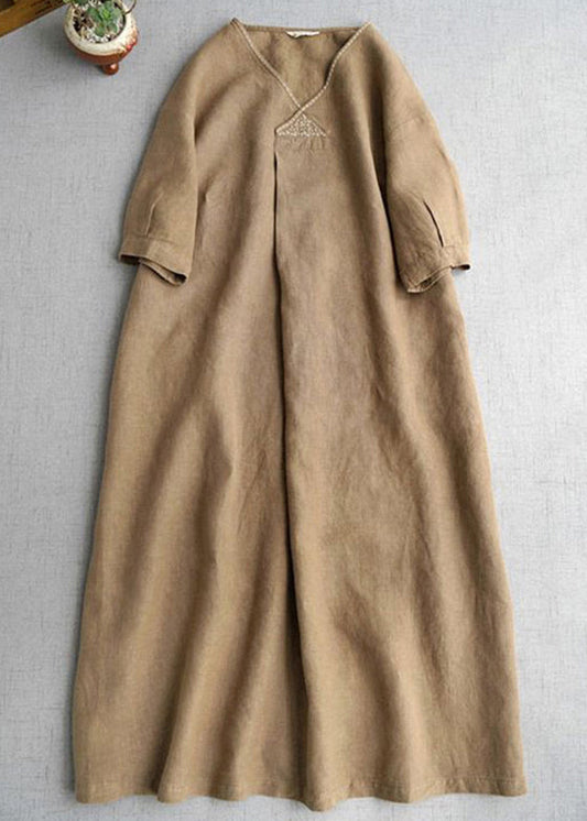 Simple Khaki V Neck Pockets Linen Long Dress Summer GH1074 Ada Fashion