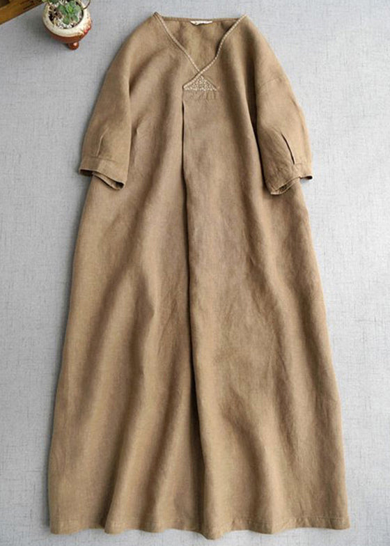 Simple Khaki V Neck Pockets Linen Long Dress Summer GH1074 Ada Fashion