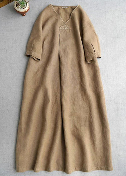 Simple Khaki V Neck Pockets Linen Long Dress Summer GH1074 Ada Fashion