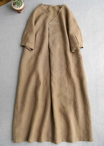 Simple Khaki V Neck Pockets Linen Long Dress Summer GH1074 Ada Fashion