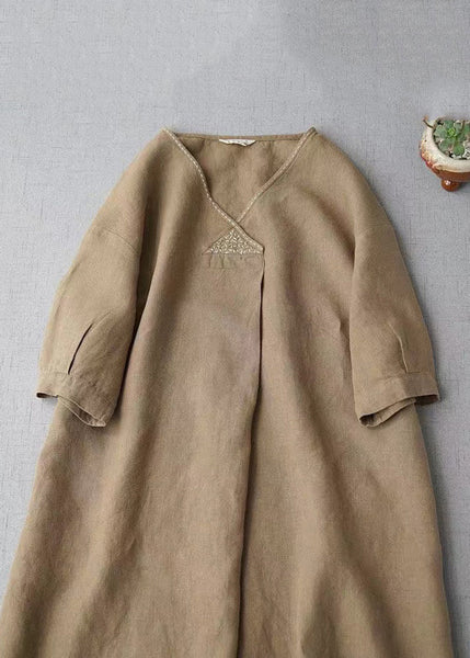 Simple Khaki V Neck Pockets Linen Long Dress Summer GH1074 Ada Fashion