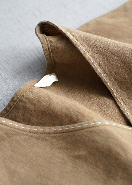 Simple Khaki V Neck Pockets Linen Long Dress Summer GH1074 Ada Fashion