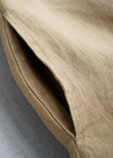 Simple Khaki V Neck Pockets Linen Long Dress Summer GH1074 Ada Fashion