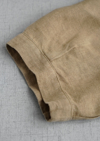 Simple Khaki V Neck Pockets Linen Long Dress Summer GH1074 Ada Fashion