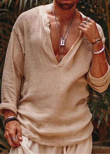 Shirts Simple Loose Khaki V Neck Fall Solid Mens Linen FashionChic