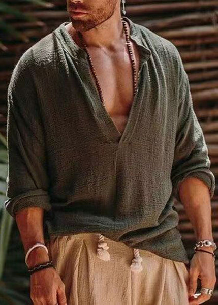 Shirts Simple Loose Khaki V Neck Fall Solid Mens Linen FashionChic