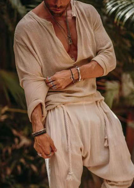 Shirts Simple Loose Khaki V Neck Fall Solid Mens Linen FashionChic