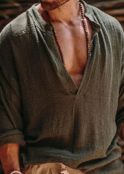 Shirts Simple Loose Khaki V Neck Fall Solid Mens Linen FashionChic