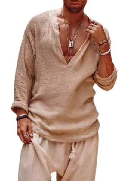 Shirts Simple Loose Khaki V Neck Fall Solid Mens Linen FashionChic