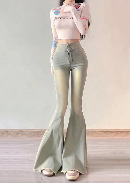 Simple Light Blue High Waist Butt Scrunch Denim Bell-bottom Trousers Spring YP042 ABC