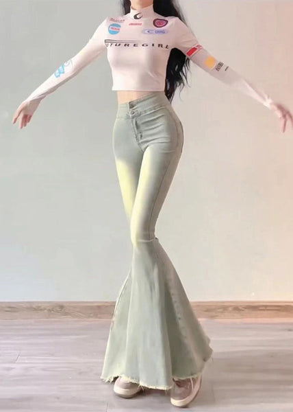 Simple Light Blue High Waist Butt Scrunch Denim Bell-bottom Trousers Spring YP042 ABC