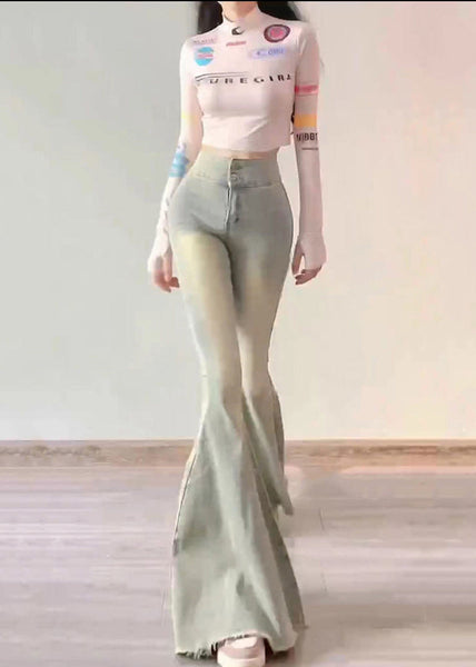 Simple Light Blue High Waist Butt Scrunch Denim Bell-bottom Trousers Spring YP042 ABC