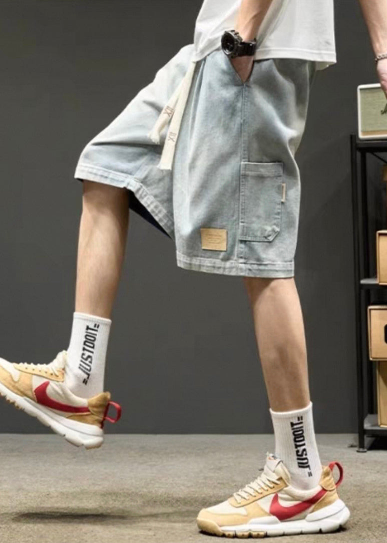 Simple Light Blue Lace Up Elastic Waist Denim Men Shorts Summer YL025 ABC