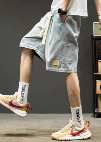 Simple Light Blue Lace Up Elastic Waist Denim Men Shorts Summer YL025 ABC