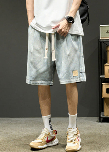 Simple Light Blue Lace Up Elastic Waist Denim Men Shorts Summer YL025 ABC