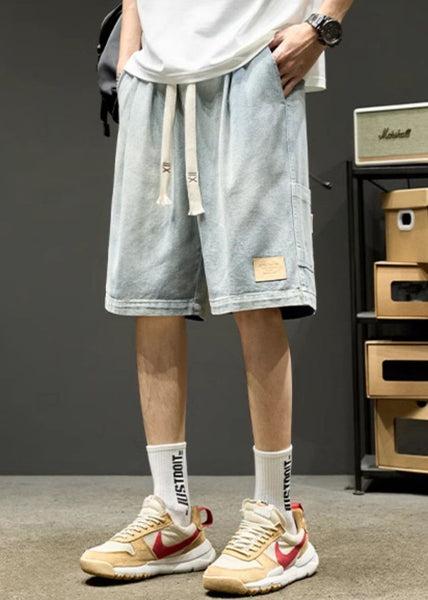 Simple Light Blue Lace Up Elastic Waist Denim Men Shorts Summer YL025 ABC
