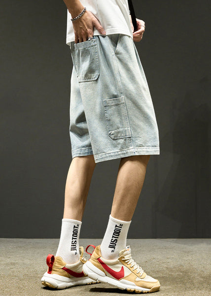 Simple Light Blue Lace Up Elastic Waist Denim Men Shorts Summer YL025 ABC