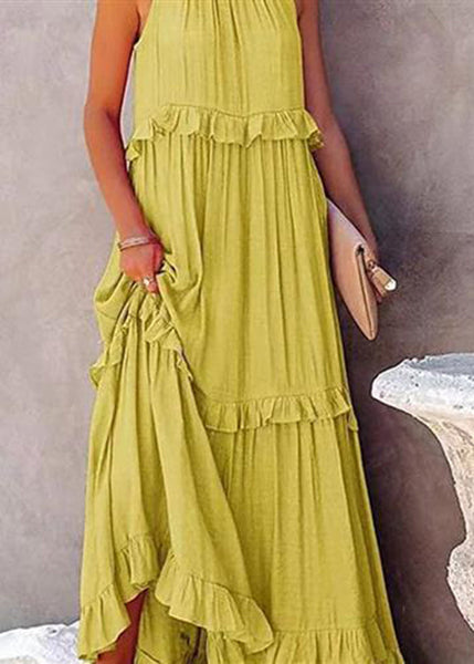 Simple Light Blue Ruffled Patchwork Wrinkled Long Dresses Summer GH1005 Ada Fashion