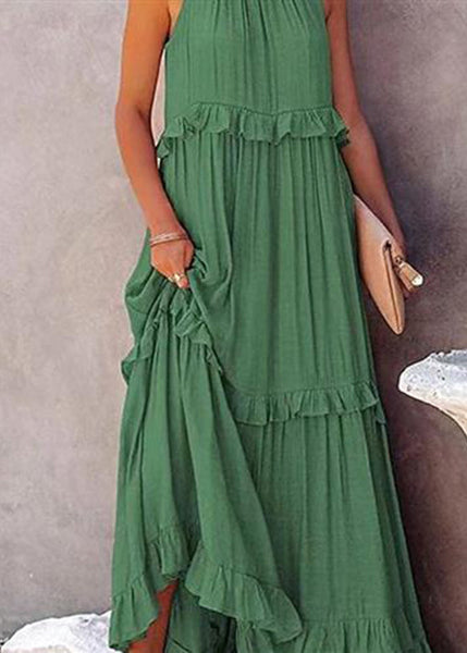 Simple Light Blue Ruffled Patchwork Wrinkled Long Dresses Summer GH1005 Ada Fashion