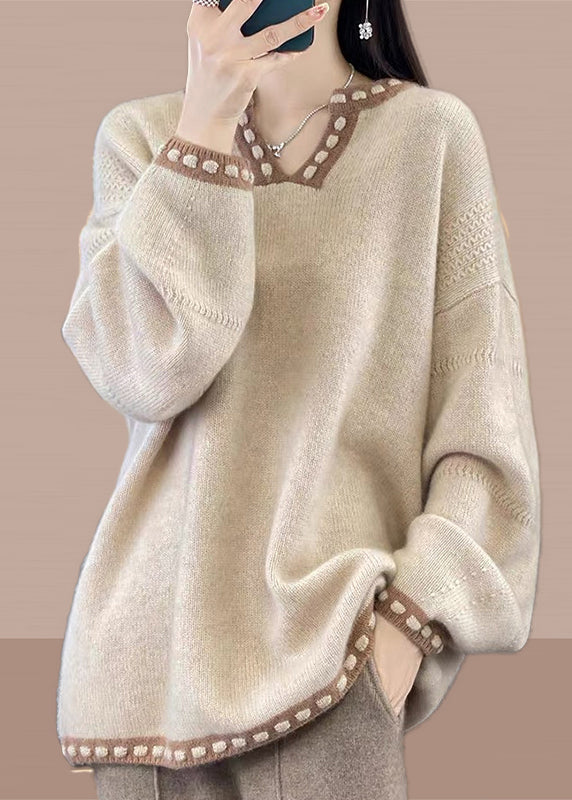 Simple Light Camel V Neck Patchwork Knit Sweaters Spring YY041 ABC