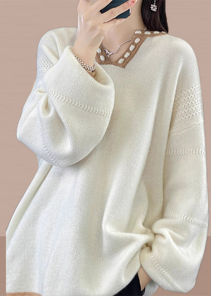 Simple Light Camel V Neck Patchwork Knit Sweaters Spring YY041 ABC