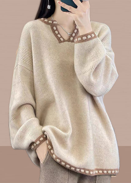 Simple Light Camel V Neck Patchwork Knit Sweaters Spring YY041 ABC