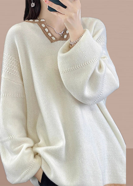Simple Light Camel V Neck Patchwork Knit Sweaters Spring YY041 ABC