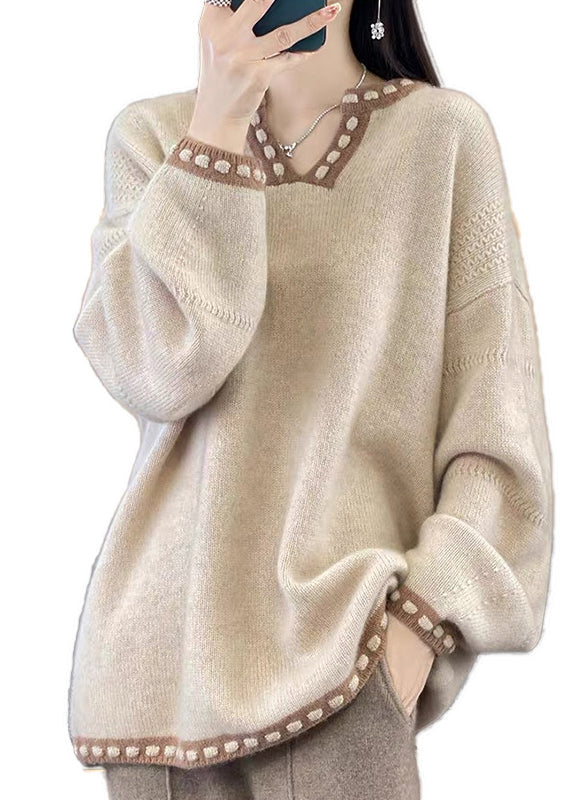 Simple Light Camel V Neck Patchwork Knit Sweaters Spring YY041 ABC