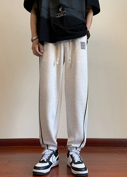 Simple Light Grey Pockets Drawstring Warm Fleece Mens Beam Pants Winter WA035 MENP241110