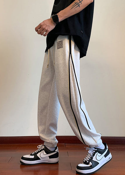 Simple Light Grey Pockets Drawstring Warm Fleece Mens Beam Pants Winter WA035 MENP241110