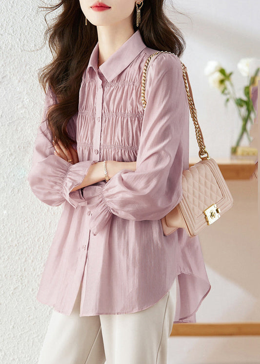 Simple Light Purple Peter Pan Collar Wrinkled Patchwork Button Silk Shirts Long Sleeve WW006 OL-LTP240812