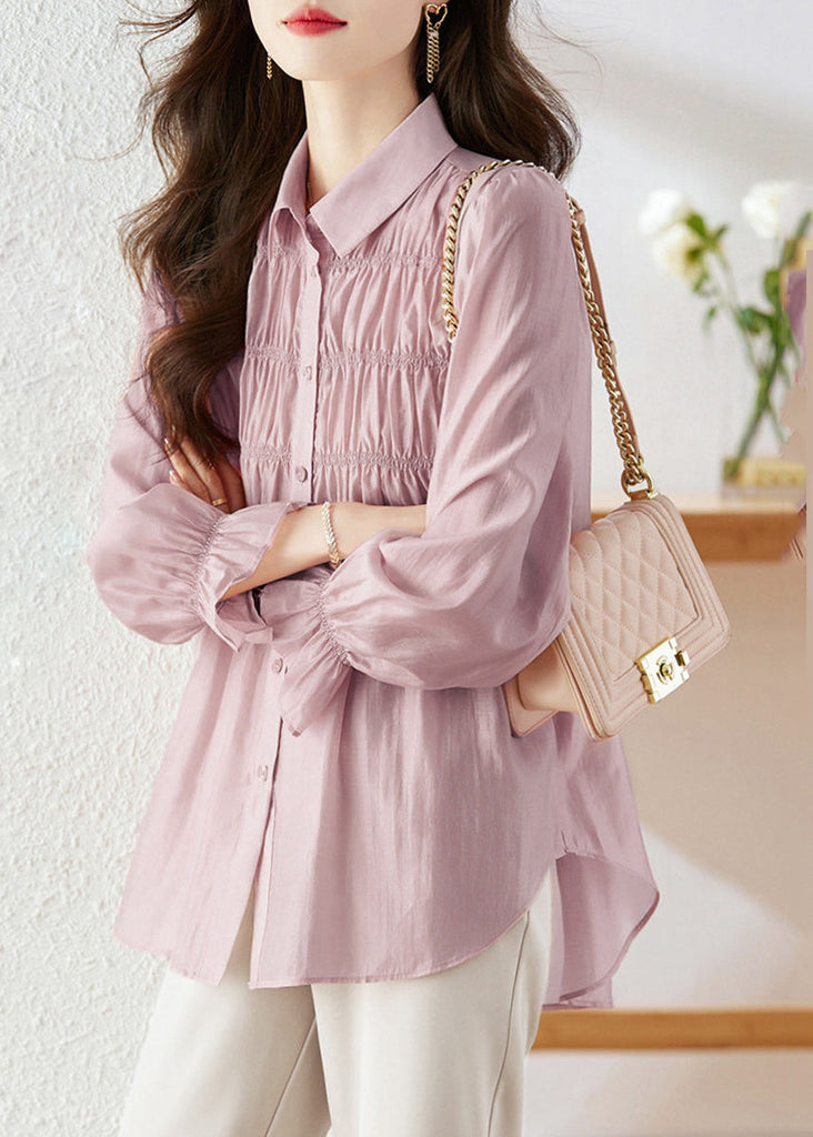 Simple Light Purple Peter Pan Collar Wrinkled Patchwork Button Silk Shirts Long Sleeve WW006 OL-LTP240812