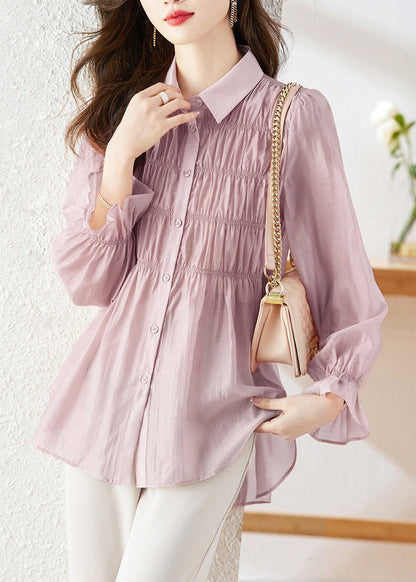 Simple Light Purple Peter Pan Collar Wrinkled Patchwork Button Silk Shirts Long Sleeve WW006 OL-LTP240812