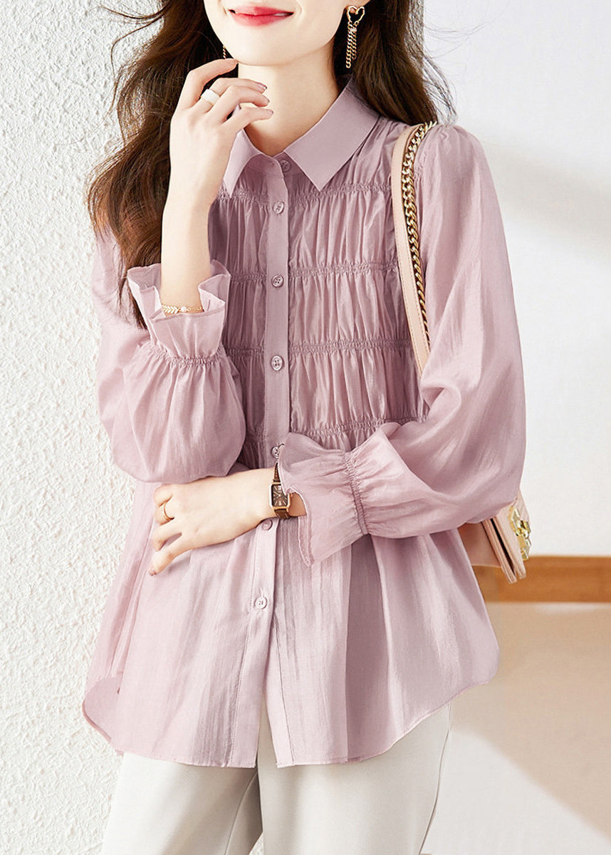 Simple Light Purple Peter Pan Collar Wrinkled Patchwork Button Silk Shirts Long Sleeve WW006 OL-LTP240812
