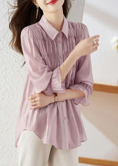Simple Light Purple Peter Pan Collar Wrinkled Patchwork Button Silk Shirts Long Sleeve WW006 OL-LTP240812