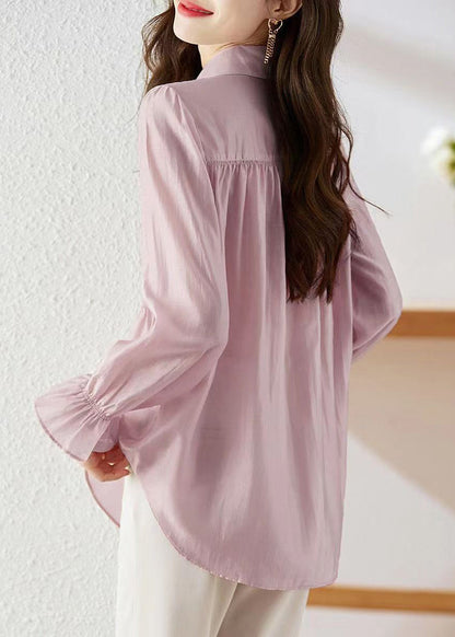 Simple Light Purple Peter Pan Collar Wrinkled Patchwork Button Silk Shirts Long Sleeve WW006 OL-LTP240812