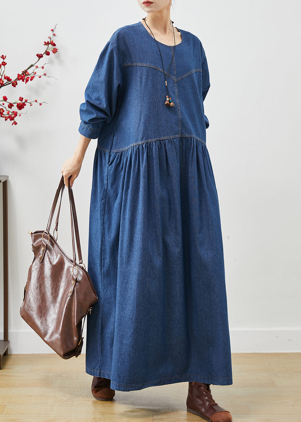 Simple Navy Oversized Denim Long Dress Spring AP1073 AM-FDL240904