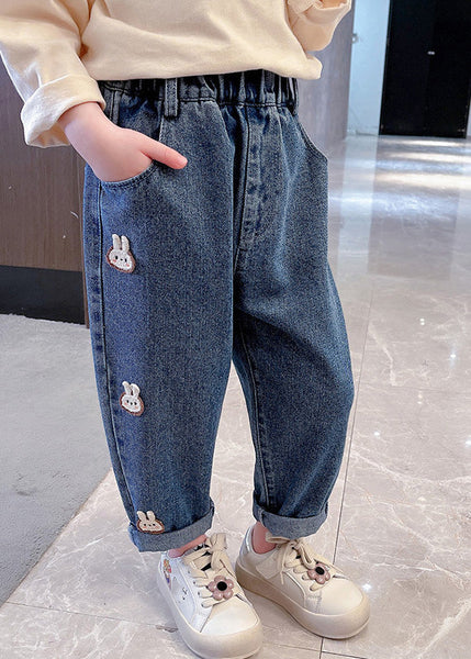 Simple Navy Patchwork Elastic Waist Girls Dnim Pants TV014