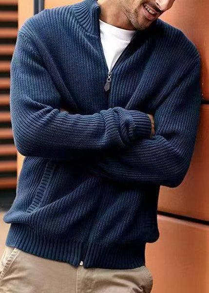 Up Zip Spring Knit Pockets Cardigan Men Navy Simple FashionChic