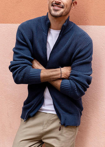 Up Zip Spring Knit Pockets Cardigan Men Navy Simple FashionChic