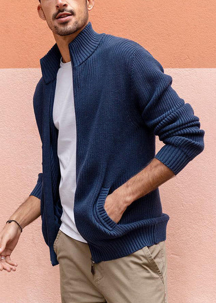 Up Zip Spring Knit Pockets Cardigan Men Navy Simple FashionChic