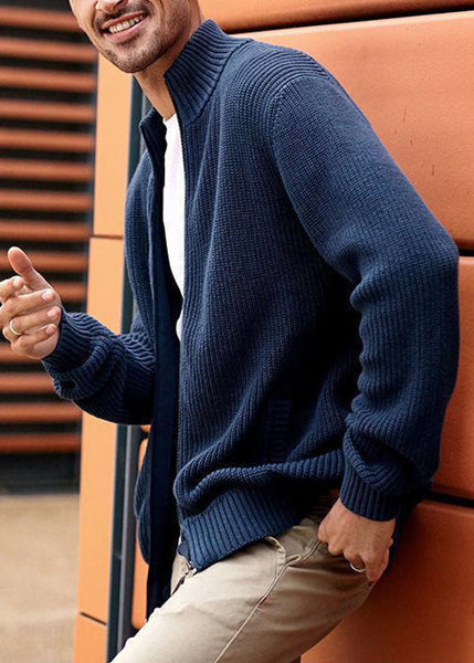 Up Zip Spring Knit Pockets Cardigan Men Navy Simple FashionChic