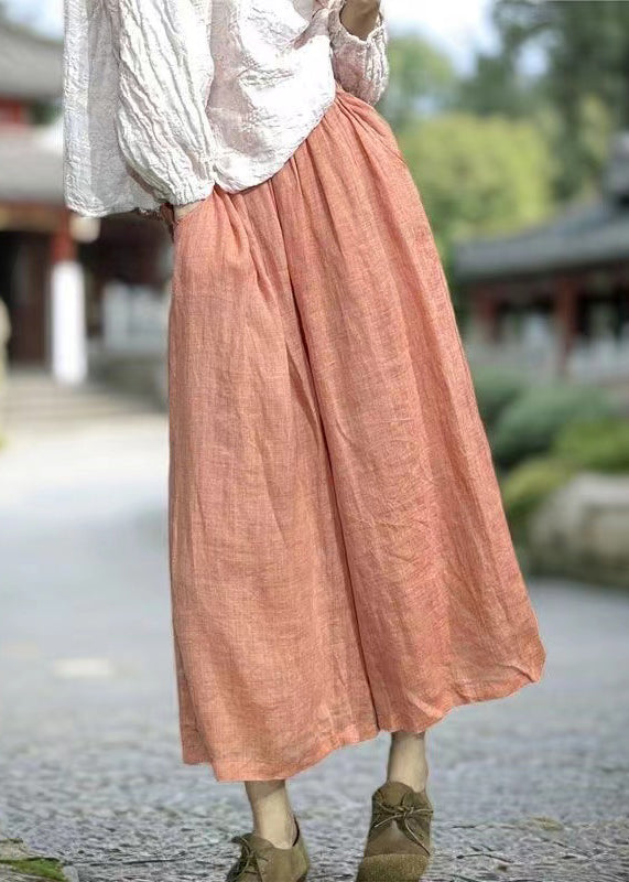 Simple Orange Pockets Elastic Waist Linen Wide Leg Pants Summer KK031 SH-LF-CPTS240602