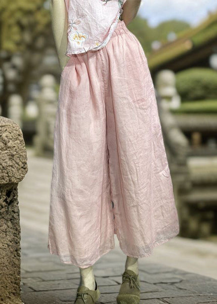 Simple Orange Pockets Elastic Waist Linen Wide Leg Pants Summer KK031 SH-LF-CPTS240602