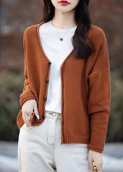 Simple Orange V Neck Button Cotton Knit Cardigan Fall QI014 OM-BB241005