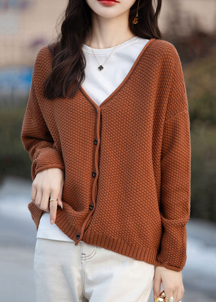 Simple Orange V Neck Button Cotton Knit Cardigan Fall QI014 OM-BB241005