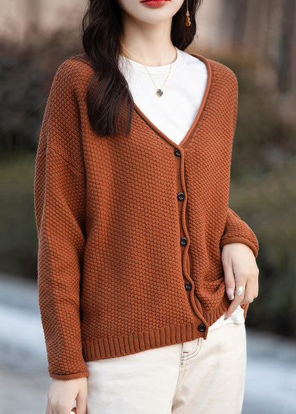 Simple Orange V Neck Button Cotton Knit Cardigan Fall QI014 OM-BB241005
