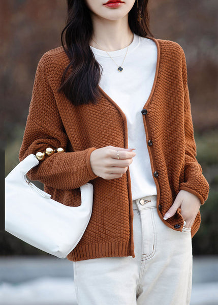 Simple Orange V Neck Button Cotton Knit Cardigan Fall QI014 OM-BB241005